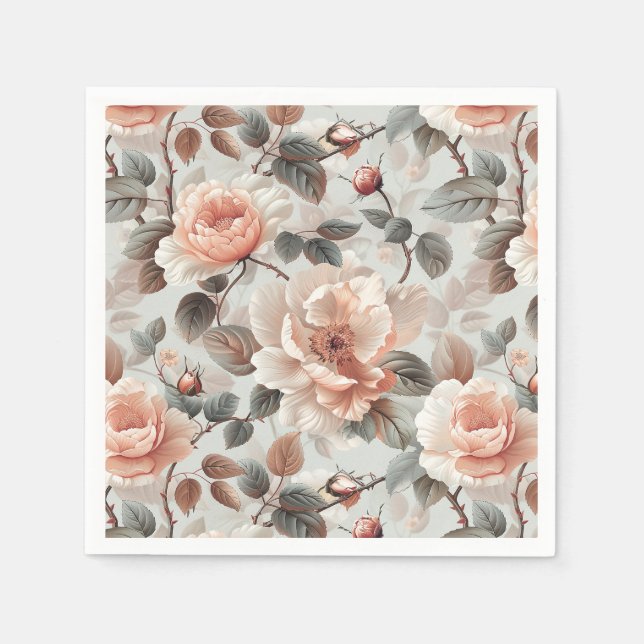 Servilleta De Papel Flores de crema con hojas grises sobre un gris cla (Anverso)