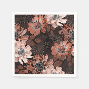 Servilleta De Papel Flores de crema y teracote en un fondo marrón oscu