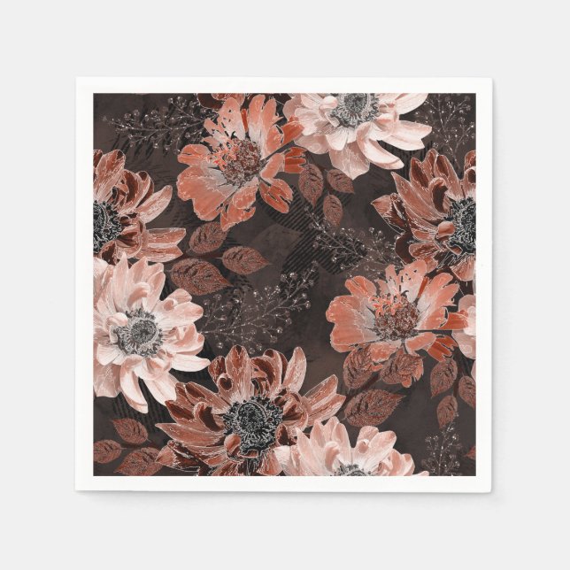 Servilleta De Papel Flores de crema y teracote en un fondo marrón oscu (Anverso)