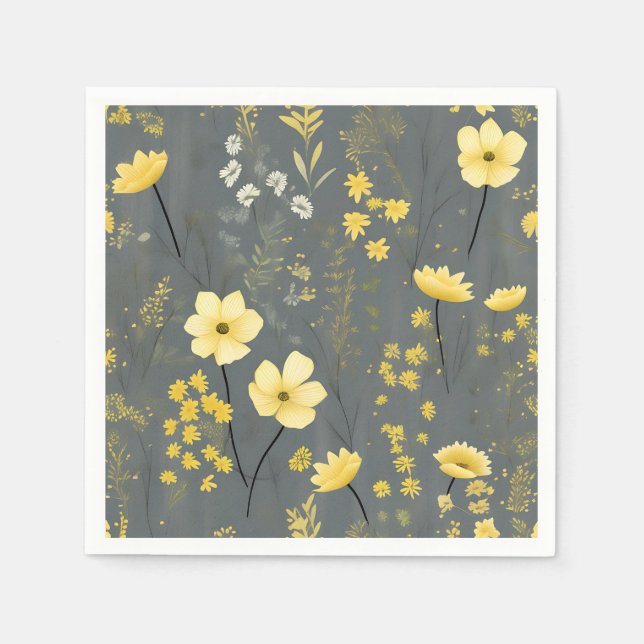 Servilleta De Papel Flores de época gris y amarillo (Anverso)