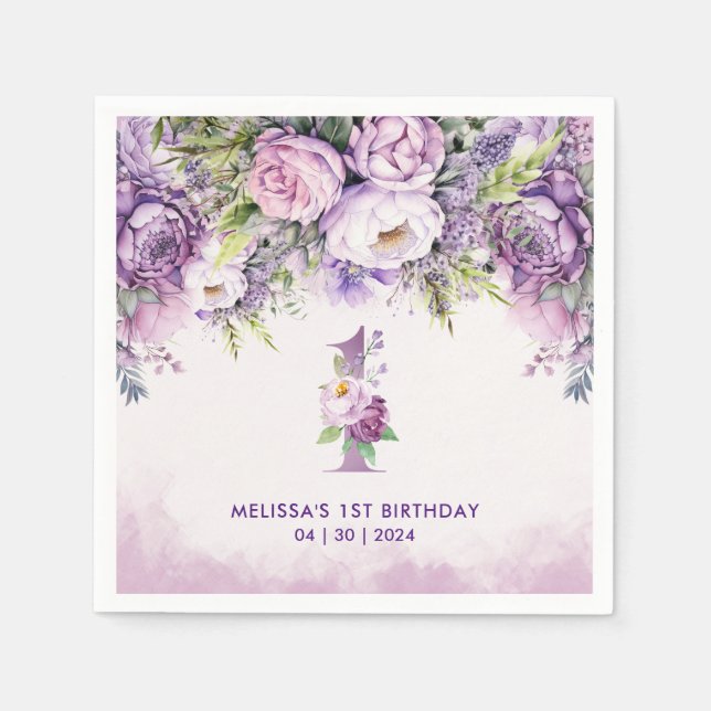 Servilleta De Papel Flores de jardín morado y rosa primer cumpleaños (Anverso)