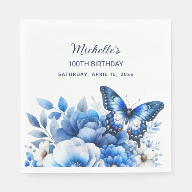 Servilleta De Papel Flores de mariposa azul Elegante cumpleaños número (Anverso)
