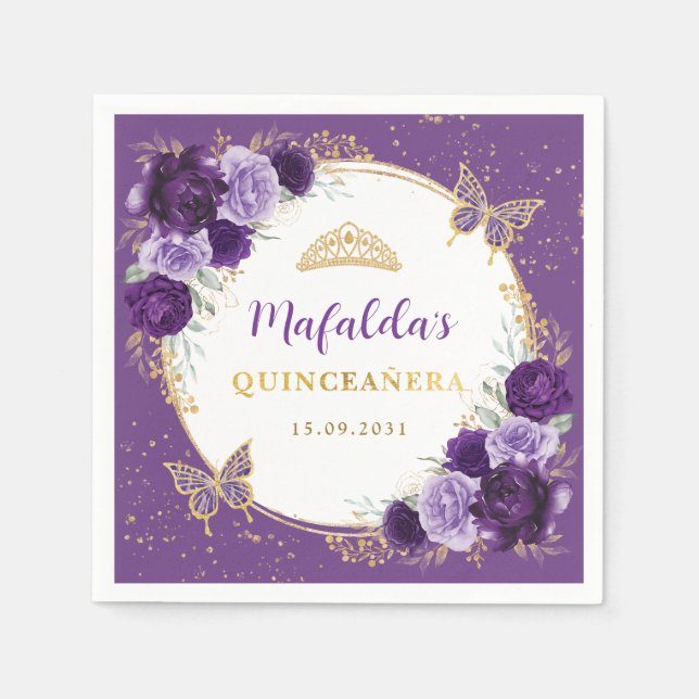 Servilleta De Papel Flores de oro moradas de Lilac Quinceanera Cumplea (Anverso)