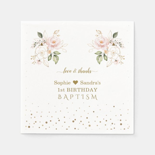 Servilleta De Papel Flores de oro rosado Chicas gemelos bautismo de cu (Anverso)