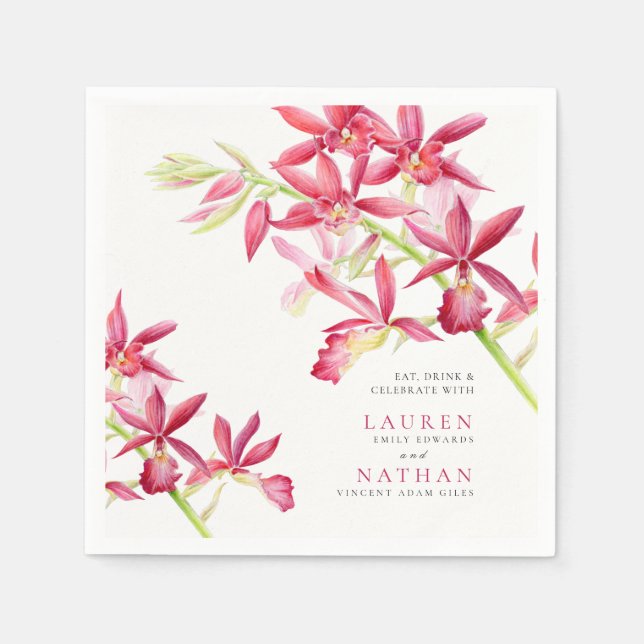 Servilleta De Papel Flores de orquídeas rojas acuarela boda botánico (Anverso)