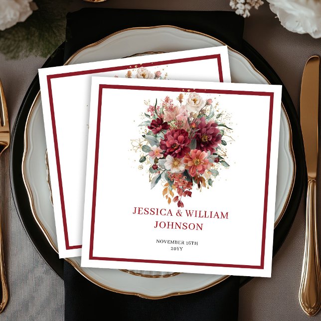 Servilleta De Papel Flores de Otoño Boho Burgundy Marsala Verde Bodas (Fall Boho Burgundy Flowers Marsala Greenery Wedding Napkins

)