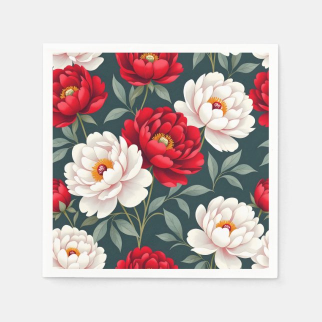Servilleta De Papel flores de peonía rojas y blancas (Anverso)