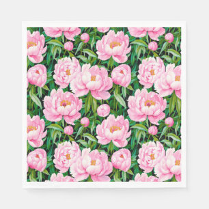 Servilleta De Papel Flores de peonía rosadas sobre un fondo frondoso