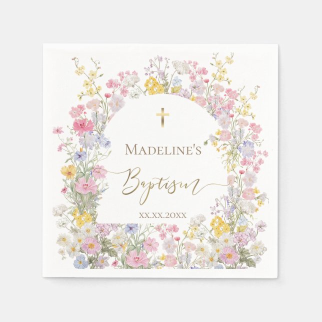 Servilleta De Papel flores de prado al acuarela Bautizo (Anverso)