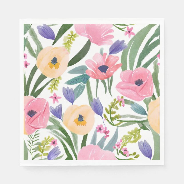 Servilleta De Papel Flores de Primavera | Acuarela Floral Pastel (Anverso)