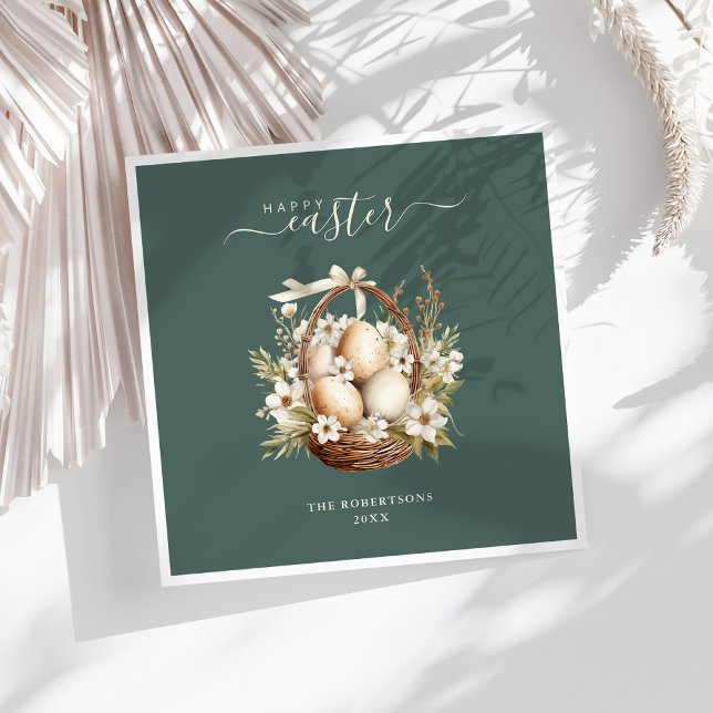 Servilleta De Papel Flores de primavera huevos verde salva feliz Pascu (Spring Flowers Eggs Sage Green Happy Easter Napkins on a sunny white table.)