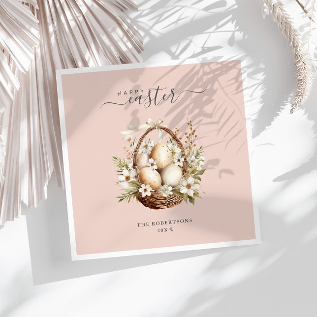 Servilleta De Papel Flores de primavera Pastel de huevos Feliz Pascua (Spring Flowers Eggs Pastel Happy Easter Napkins on a sunny white table.)