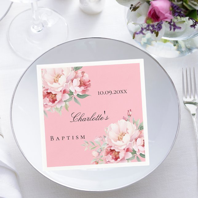 Servilleta De Papel Flores de rosas rosas rosadas bautismo elegante (Subido por el creador)