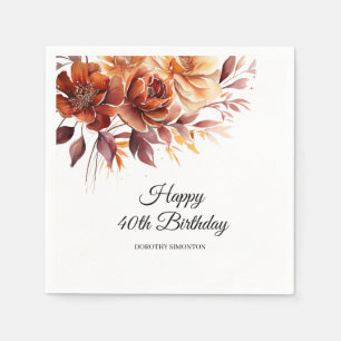 Servilleta De Papel Flores de Terracota Naranja Otoño Cumpleaños 40