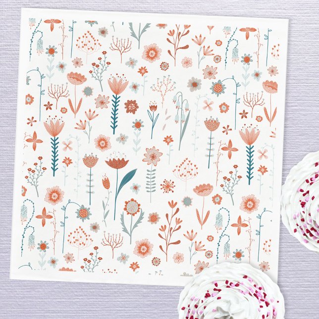 Servilleta De Papel Flores de verano escandinavas (Scandinavian summer flowers peach teal and white paper party napkins)