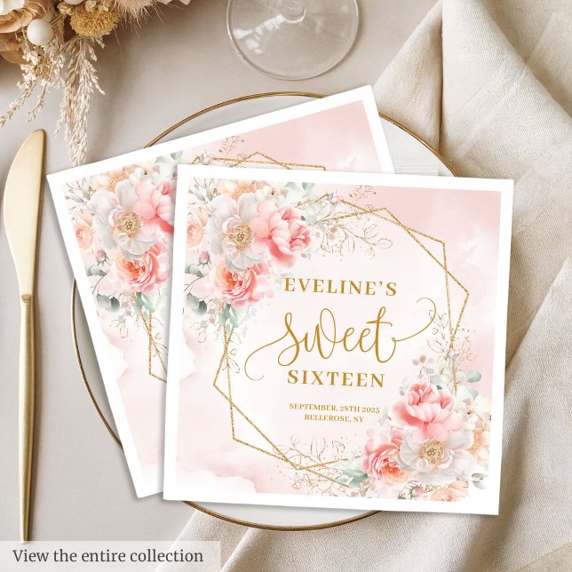 Servilleta De Papel Flores Doradas Rosadas Elegantes Cumpleaños Dulces (Fancy Light Pink Gold Flowers Sweet 16 Birthday Napkins)