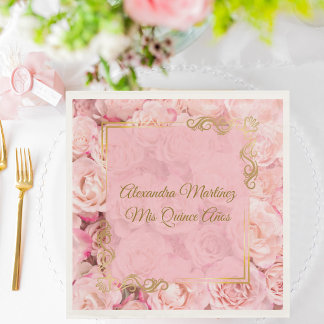 Servilleta De Papel Flores elegantes de color rosa dorado Quinceañera