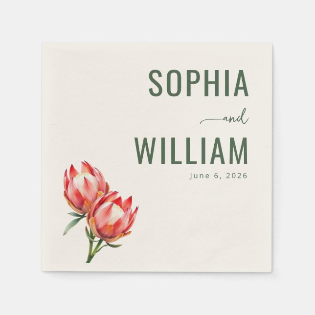 Servilleta De Papel Flores Elegantes de Protea Verde (Anverso)