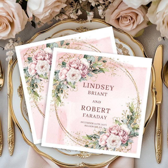 Servilleta De Papel Flores Elegantes de Rosa Beige con Brillo Dorado p (Elegant Blush Pink Flowers Gold Glitter Wedding Napkins)