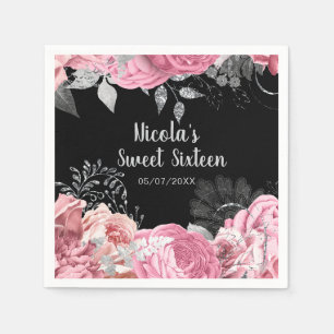 Servilleta De Papel Flores Elegantes de Rosa y Plata Sweet Sixteen