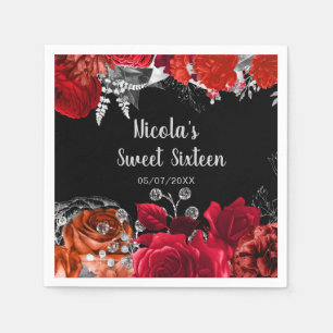 Servilleta De Papel Flores elegantes rojas y plateadas Sweet Sixteen 