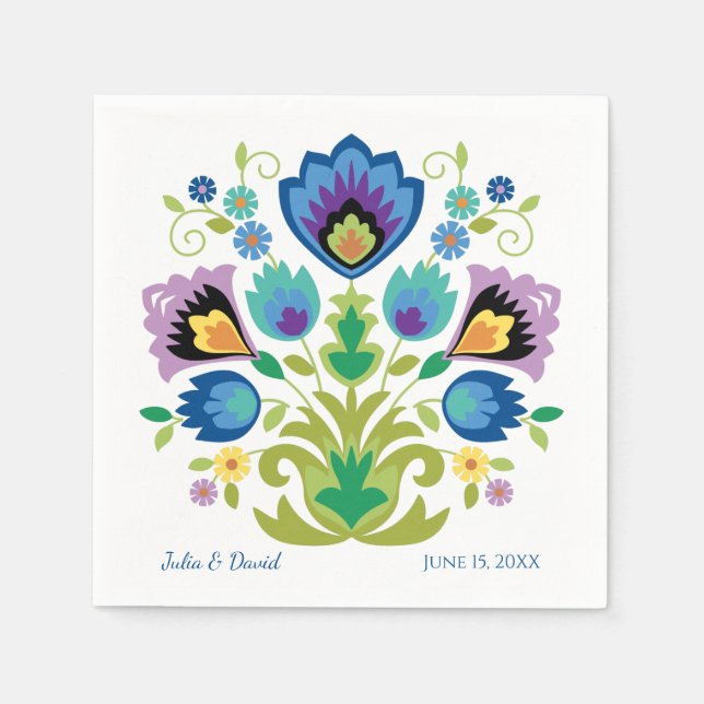 Servilleta De Papel Flores folclóricas polacas Lavanda azul (Anverso)