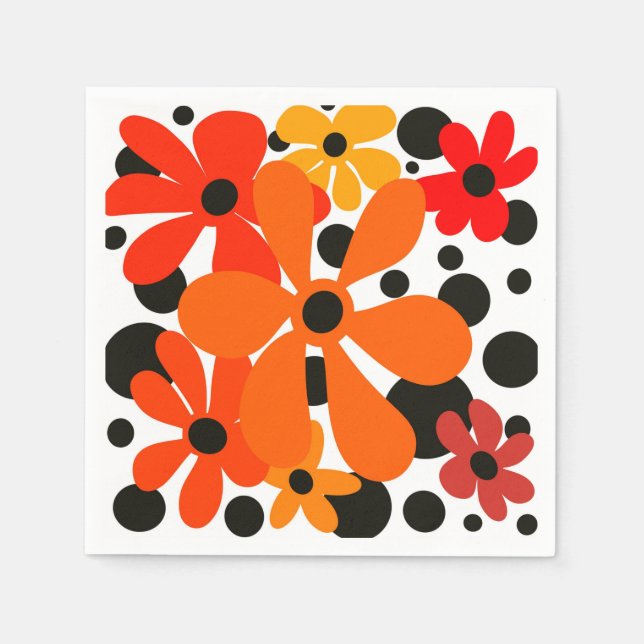 Servilleta De Papel Flores funky naranja y puntos de polka negro (Anverso)