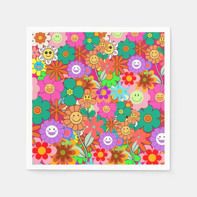 Servilleta De Papel Flores Hippie Retro Groovy Boho (Anverso)