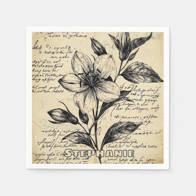 Servilleta De Papel Flores Marrón Antiguo Caligrafía Pergamino (Anverso)