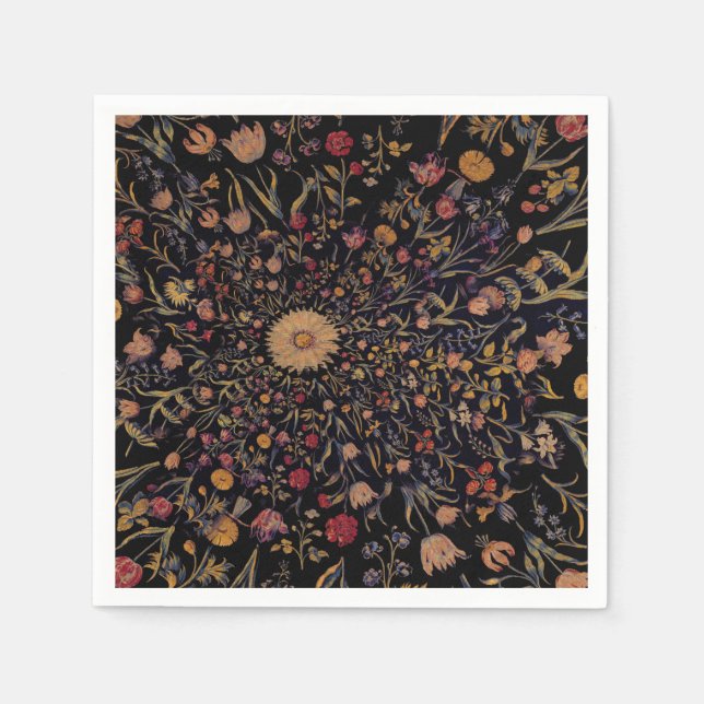 Servilleta De Papel Flores medievales sobre negro (Anverso)