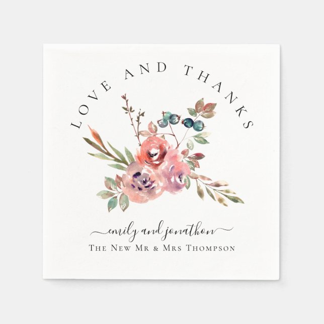 Servilleta De Papel Flores Modernas de Acuarela Nombres Agradecimiento (Anverso)