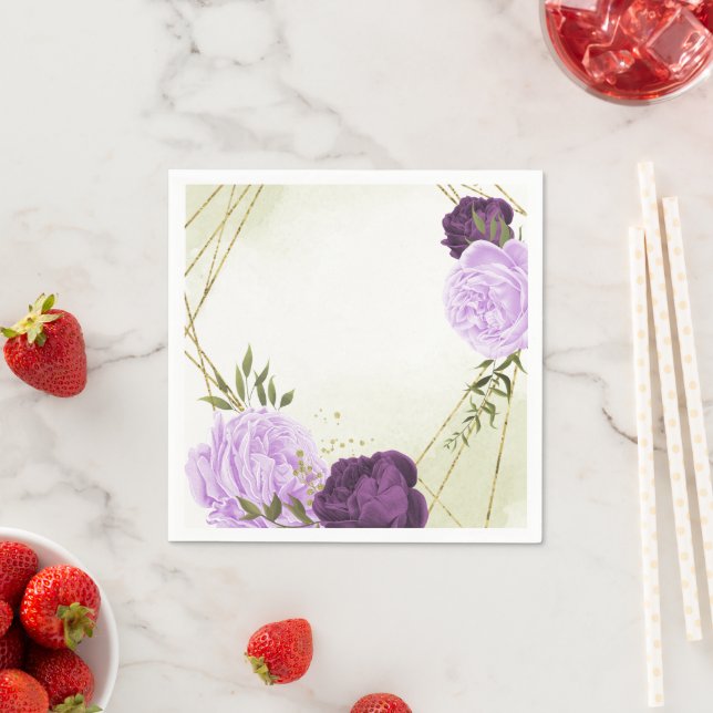 Servilleta De Papel flores moradas hojas verdes boda (In situ)