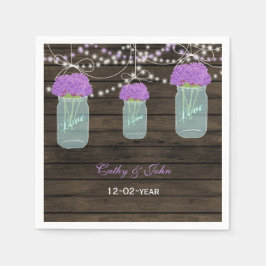 Servilleta De Papel Flores moradas Mason Jars Barn Wood Boda