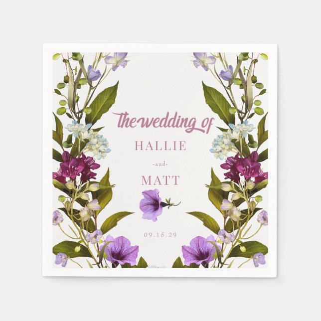Servilleta De Papel Flores moradas rosadas | Boda en flor (Anverso)