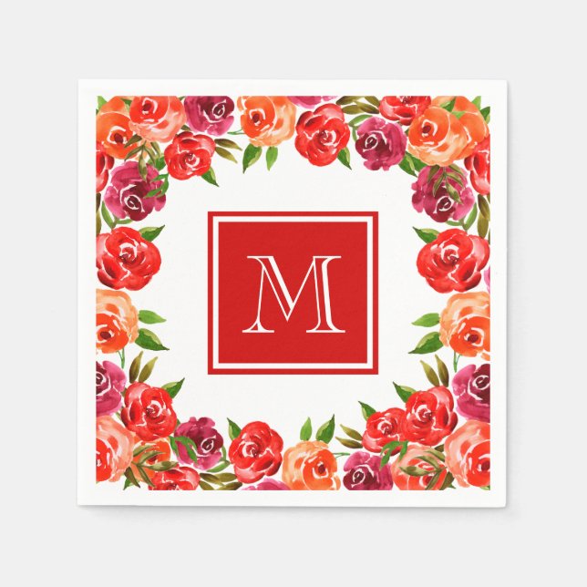 Servilleta De Papel Flores Naranjas rojas monogramos (Anverso)