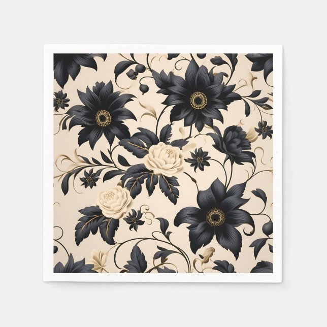 Servilleta De Papel Flores negras en el patrón beige (Anverso)