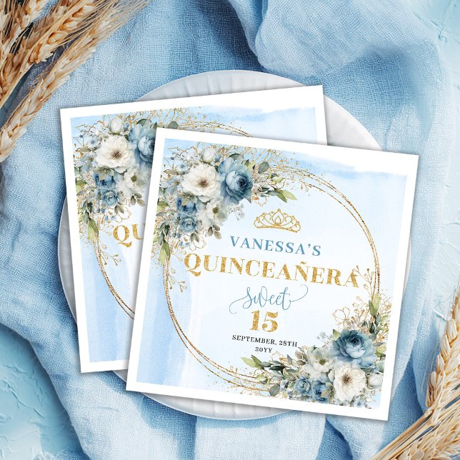 Servilleta De Papel Flores Pastel Azul Acuarela Greenery Oro 15º  (Watercolor Pastel Blue Flowers Greenery Gold 15th Birthday)