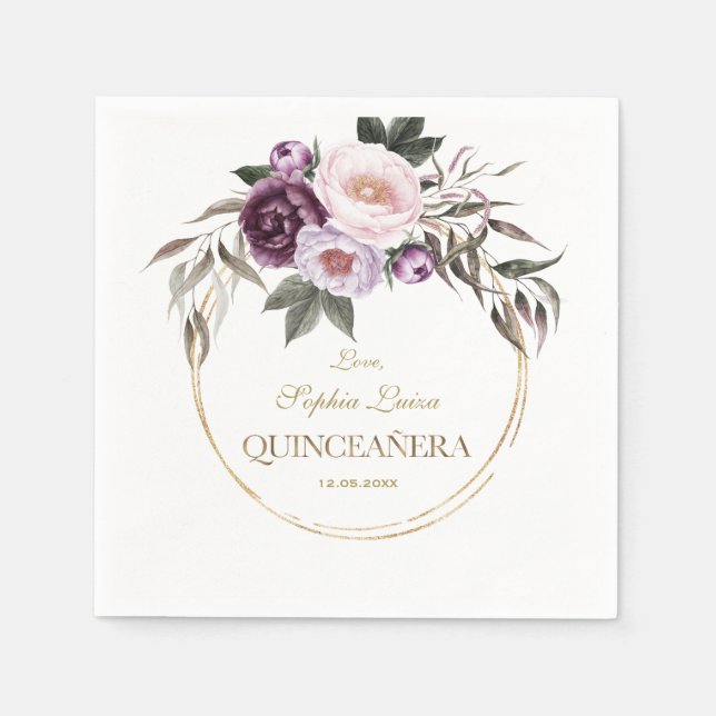 Servilleta De Papel Flores Púrpura Rosa Oro Mis Quince Quinceañera (Anverso)