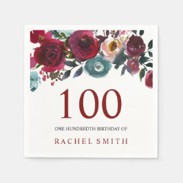 Servilleta De Papel Flores rojas de Boho Bordo Borgundy 100 años