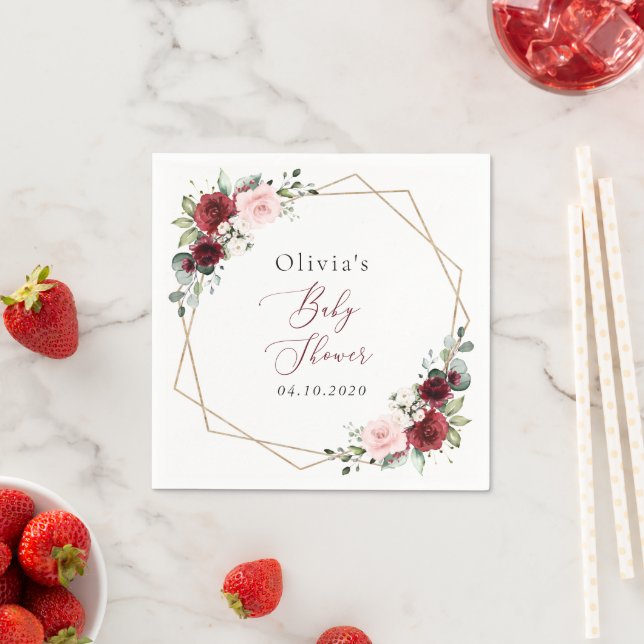 Servilleta De Papel Flores rojas de Borgoña, flores rosas, Baby Shower (In situ)