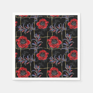 Servilleta De Papel Flores rojas en negro.