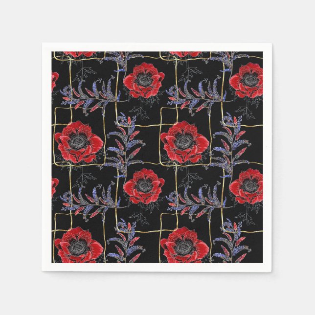 Servilleta De Papel Flores rojas en negro. (Anverso)