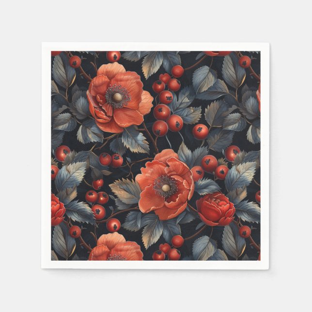 Servilleta De Papel Flores rojas en negro (Anverso)