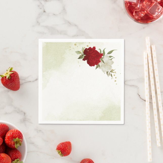 Servilleta De Papel flores rojas hojas verdes boda (In situ)