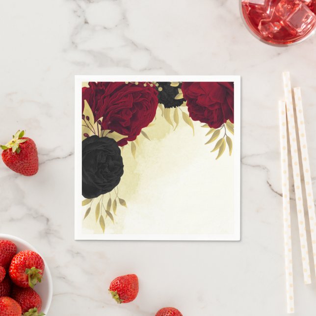 Servilleta De Papel flores rojas negras hojas de oro boda (In situ)