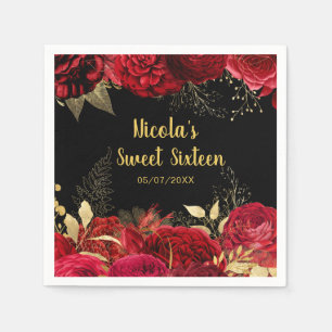 Servilleta De Papel Flores rojas y doradas elegantes Sweet Sixteen 