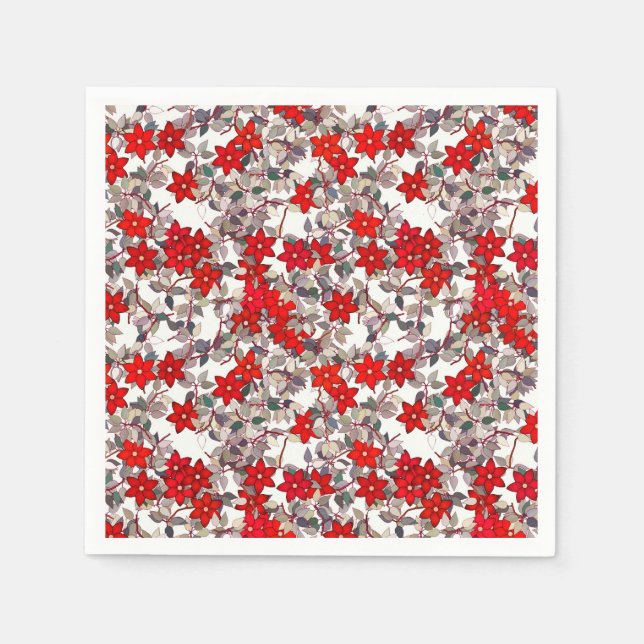 Servilleta De Papel Flores rojas y hojas grises plateadas (Anverso)