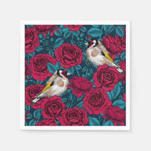 Servilleta De Papel Flores rojas y pájaros dorados