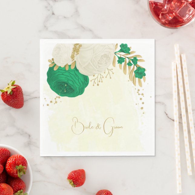 Servilleta De Papel Flores románticas esmeralda verde y blanco oro (In situ)