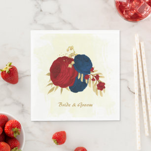 Servilleta De Papel Flores románticas rojo oscuro y azul marino dorado